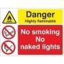 Danger highly flammable sign with no smoking and no naked lights warnings