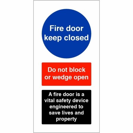 Fire door keep closed sign with do not block or wedge open safety message