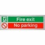 Fire Exit No Parking safety sign on brushed aluminium background
