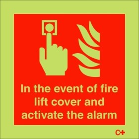 In The Event Of Fire Lift Cover And Activate The Alarm Glow In The Dark Sign