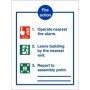 3 point fire action notice sign with evacuation instructions and assembly point guidance