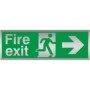 Brushed aluminum Fire exit arrow right sign with running man symbol and directional arrow