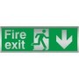 Brushed aluminum Fire Exit Arrow Down Sign with running man symbol and downward arrow