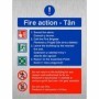 Brushed aluminum English and Welsh fire action safety sign with emergency evacuation instructions
