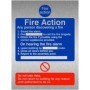 Brushed aluminum 6 Point Fire Action Notice sign for any person discovering a fire