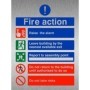 Brushed aluminum Raise The Alarm Fire Action Notice safety sign with fire evacuation instructions