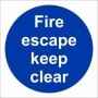 Fire Escape Keep Clear mandatory sign with white text on a blue circular background