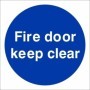 Fire Door Keep Clear mandatory sign with white text on a blue circular background