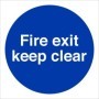 Fire Exit Keep Clear mandatory sign with white text on a blue circular background